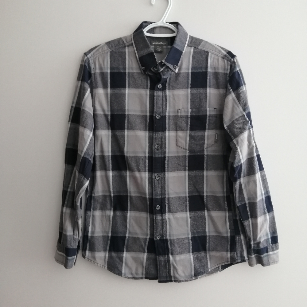 Eddie Bauer Men's Check Plaid Flannel Button Down Blue and Grey Small
